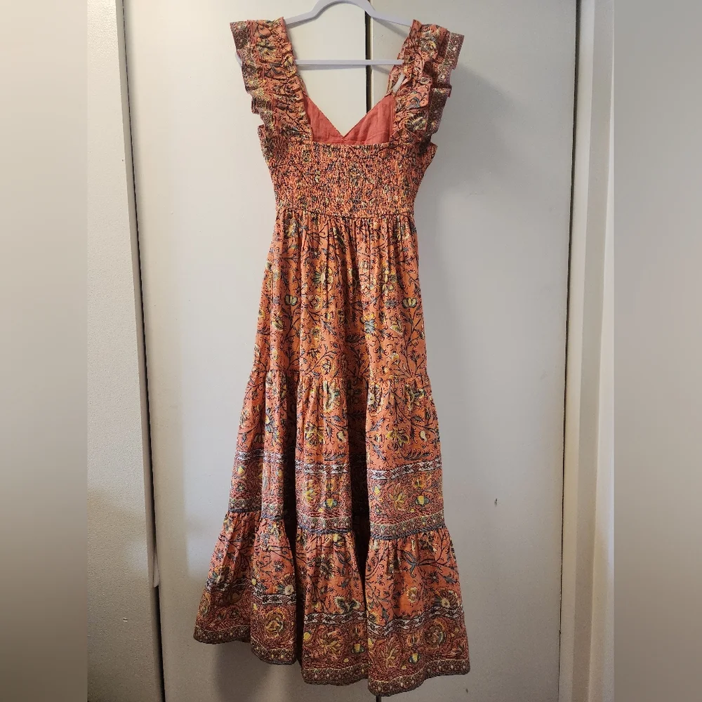 Scandi girl Dreamy Caroline Constas Coral Smocked Tier Maxi Nap Dress Small - Picture 4 of 6